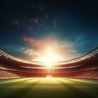 Photo of a soccer stadium at night with stadium light. The stadium was made in 3d without using existing references. Generative AI