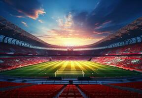 Photo of a soccer stadium at night with stadium light. The stadium was made in 3d without using existing references. Generative AI