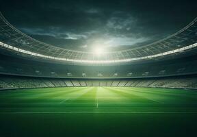 Photo of a soccer stadium at night with stadium light. The stadium was made in 3d without using existing references. Generative AI