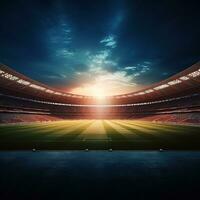 Photo of a soccer stadium at night with stadium light. The stadium was made in 3d without using existing references. Generative AI