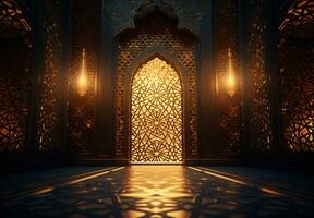 Islamic mosque background and interior with arabic traditional ornament. Generative AI photo