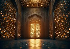 Islamic mosque background and interior with arabic traditional ornament. Generative AI photo