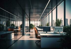 Modern style office interior with exposed concrete floor and a lot of plants. Generative AI photo