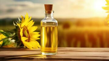 Sunflower oil. Transparent glass bottle with yellow sunflower oil on wooden table, backdrop of sunflower field. Sunny day. With copy space. Farm products. For advertising, posters, AI generated photo