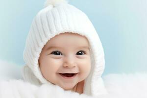 encantador recién nacido bebé en blanco de punto gorra o capucha sonrisas alegremente. pequeño niño. retrato en suave azul antecedentes con Copiar espacio. publicidad, bandera, póster, folleto, publicidad. ai generado foto