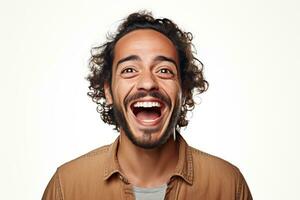 Laughing young white man with curly hair, brown eyes, beard and mustache. Man smiled excitedly, white background. Man laughs cheerfully, loudly and fervently. Sincere strong joyful AI generated photo