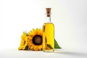 Sunflower oil. Glass bottle of yellow oil with wooden cork. Sunflower flowers nearby. Isolated on white background. With copy space. Organic eco product. Refined oil. For advertising, AI generated photo