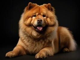 Cute and fluffy purebred Chow Chow dog rests on a black backdrop. Pedigree pup. For advertising, posters, banners, or promoting pet stores, dog care, grooming services veterinary clinics. AI generated photo