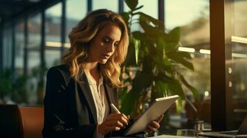 a woman in a business suit is using a tablet. AI generative photo