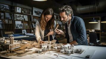 dos personas trabajando en un modelo de un edificio. ai generativo foto