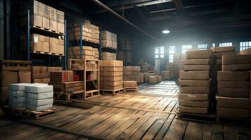 a warehouse with boxes and pallets on the floor. AI generative photo