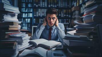 a man sitting at a desk with books in front of him. AI generative photo