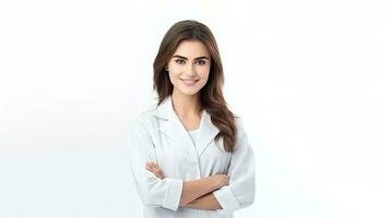 a woman in a white lab coat standing with her arms crossed. generative ai photo