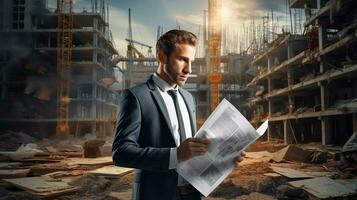 un hombre en un traje participación un pedazo de papel en frente de un construcción sitio. ai generativo foto