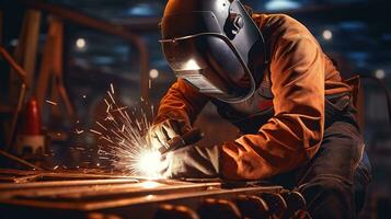 un hombre en un industrial ajuste soldadura con chispas. generativo ai foto