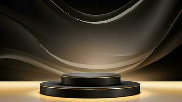 black podium with gold stand on a black background. AI generative photo