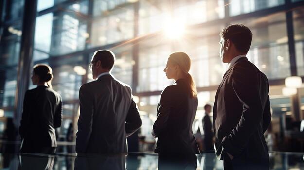 business people standing in a line in front of a large window.  AI generative photo