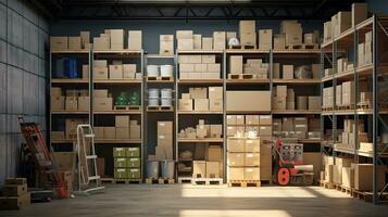 a warehouse with boxes and shelves.  AI generative photo