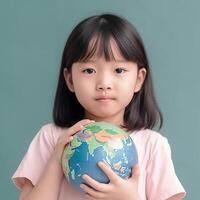 a young girl holding a globe in her hands. photo