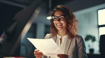 un mujer en lentes es leyendo un documento. ai generativo foto