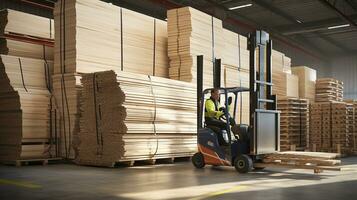 a forklift truck is driving through a warehouse. AI generative photo