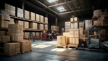 a warehouse with boxes and forklifts. AI generative photo