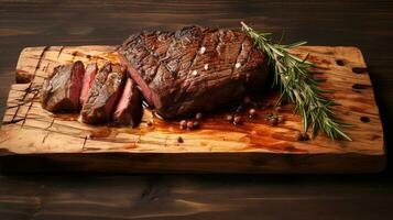 piece of steak on a wooden cutting board.  AI generative photo