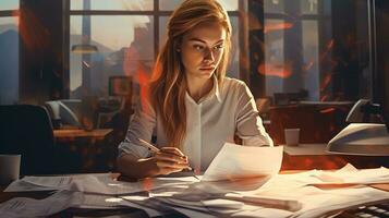 a woman sitting at a desk with papers and.AI Generative photo