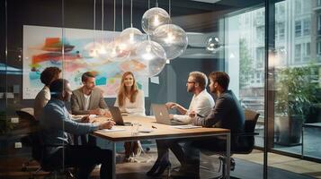 a group of people sitting around a conference table.  AI generative photo