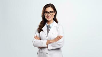 un mujer en un laboratorio Saco y lentes. generativo ai foto