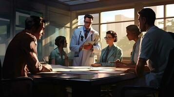 a group of doctors sitting around a table.  AI generative photo