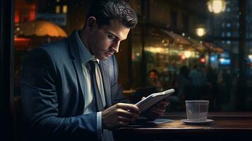 a man in a suit is reading a book on a table. AI Generative photo