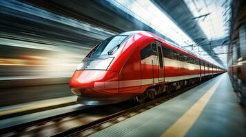 un rojo tren es exceso de velocidad mediante un tren estación. ai generativo foto