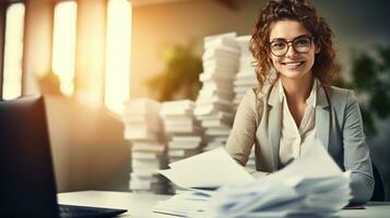 a woman in glasses sitting at a desk with stacks of papers. AI generative photo
