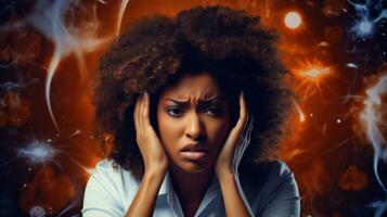 a woman with her hands on her head and an angry expression.  AI generative photo