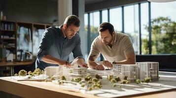 two men looking at model of building.  AI generative photo