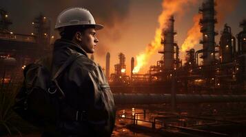 un hombre en un difícil sombrero y chaqueta en pie en frente de un petróleo refinería. ai generativo foto