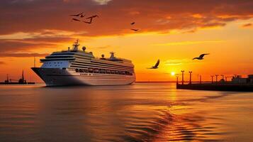 un crucero Embarcacion en el agua a puesta de sol. ai generativo foto