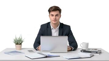 a man in a suit sitting at a desk with a laptop. AI generative photo