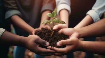 manos participación un planta con suelo. ai generativo foto