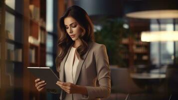 a woman in a business suit is using a tablet. AI generative photo