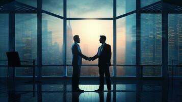 two businessmen shaking hands in front of a large window. generative ai photo