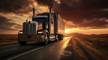 un semi camión conducción abajo el la carretera a puesta de sol. ai generativo foto