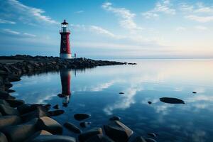 Lighthouse on the seashore, beautiful landscape. Seascape, signal building on the seashore. Coastal landscape with a lighthouse. Generated by artificial intelligence photo