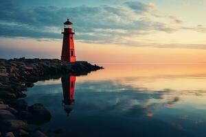 Lighthouse on the seashore in evening, beautiful landscape. Seascape, signal building on the seashore. Coastal landscape with a lighthouse. Generated by artificial intelligence photo