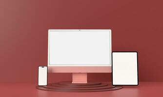 computer notebook tablet smartphone mobile technology digital network wireless white screen mock up design pink red orange color background podium stage stand showcase exhibition advertisement market photo