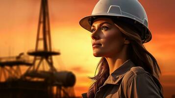 a woman in a hard hat standing in front of a sunset. generative ai photo