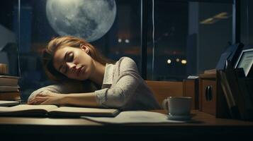 a woman sleeping on a desk with a book. AI Generative photo