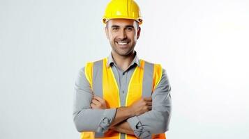 retrato de un sonriente hombre en amarillo difícil sombrero y la seguridad chaleco. generativo ai foto