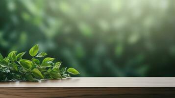 green plant on wooden table with blurred, generative ai. .generative ai. background photo